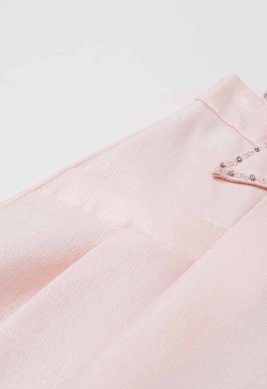 Delicate Rhinestone Bow Front Pocket Shorts in Pink