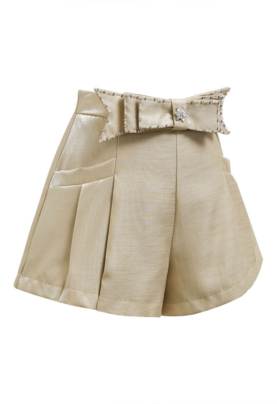 Delicate Rhinestone Bow Front Pocket Shorts in Gold