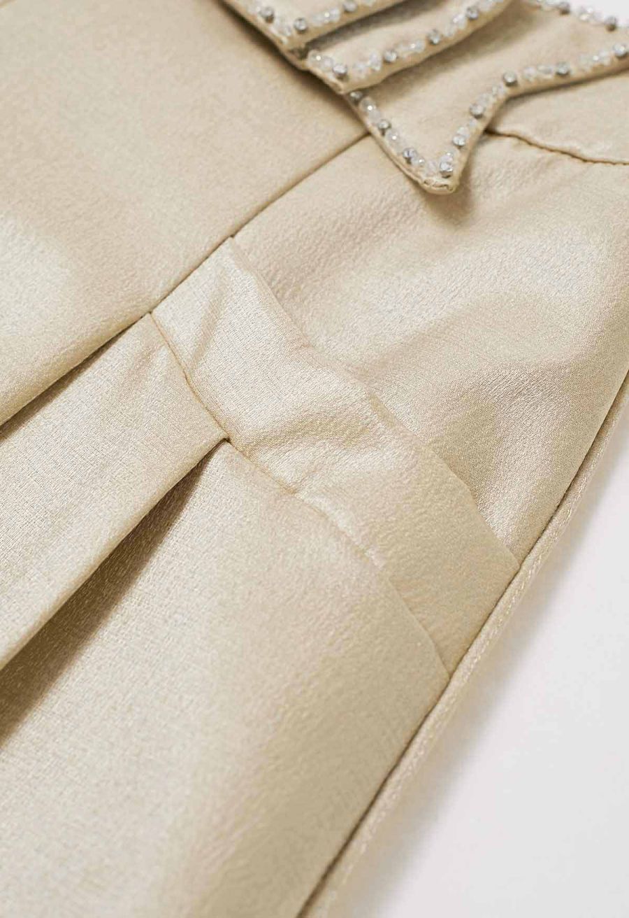 Delicate Rhinestone Bow Front Pocket Shorts in Gold
