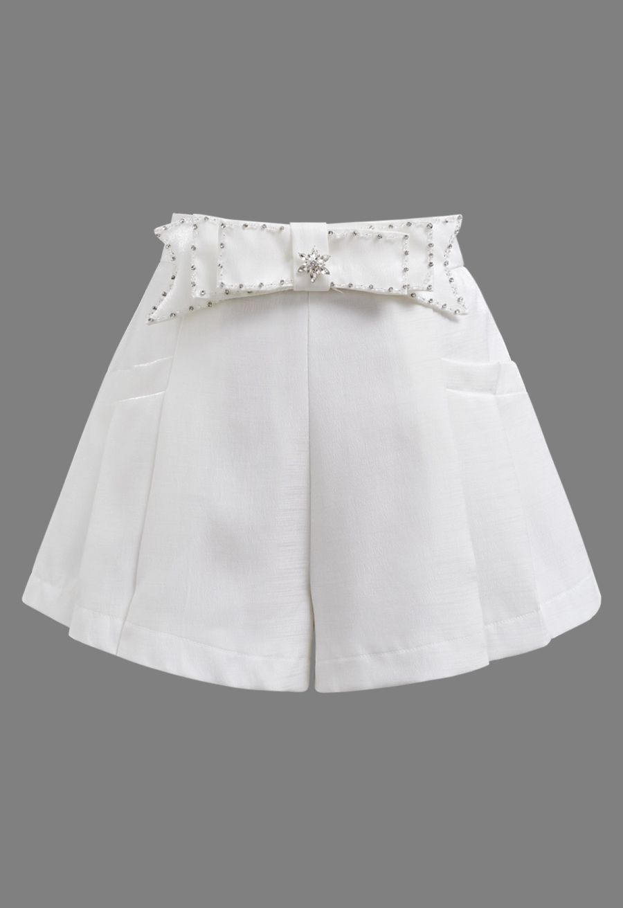 Delicate Rhinestone Bow Front Pocket Shorts in White
