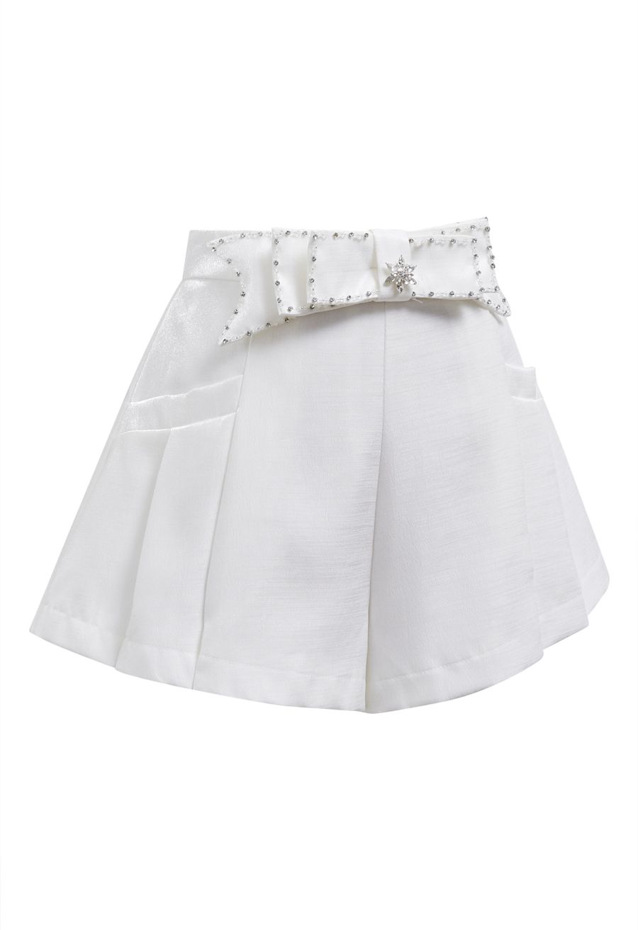 Delicate Rhinestone Bow Front Pocket Shorts in White