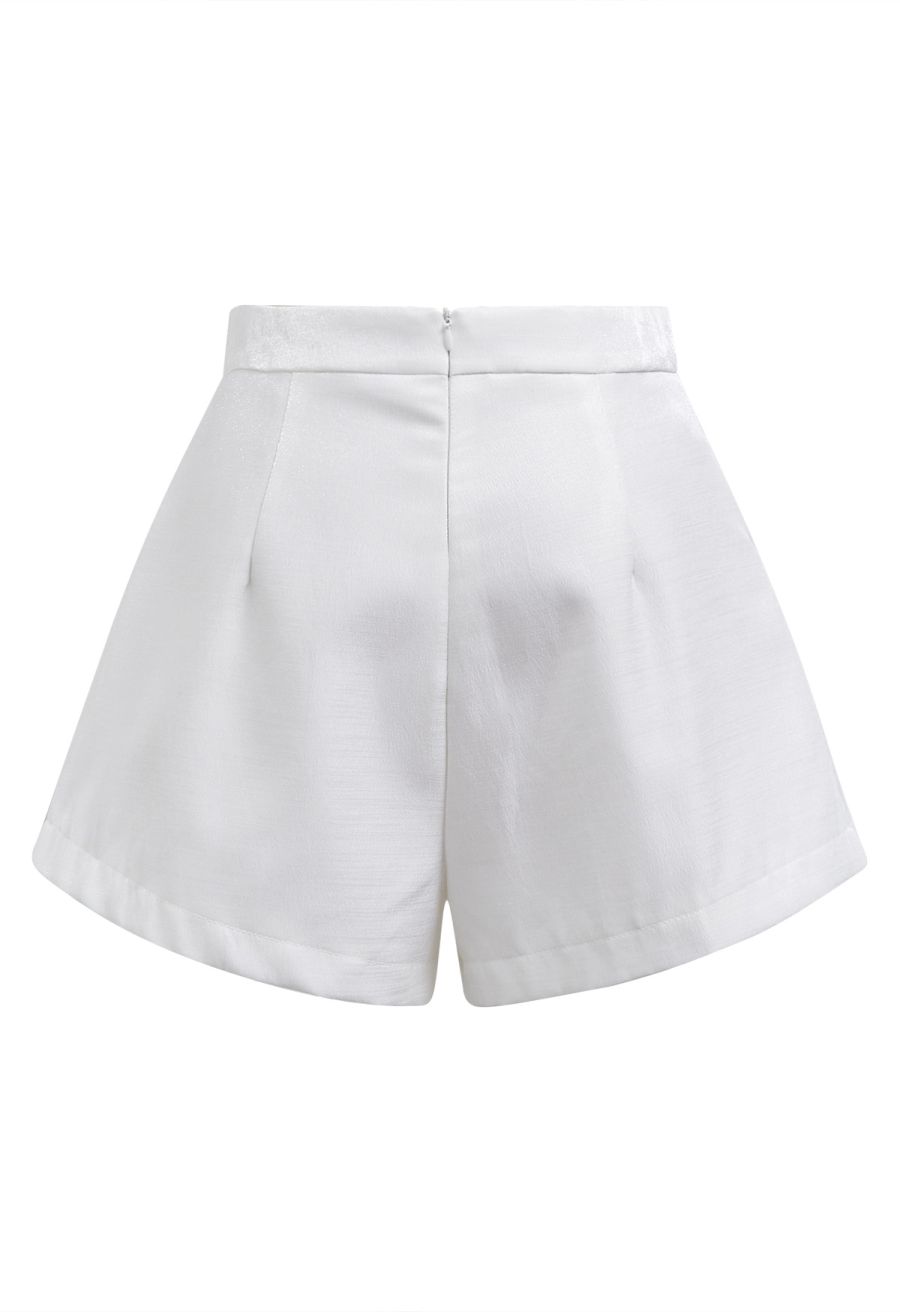 Delicate Rhinestone Bow Front Pocket Shorts in White