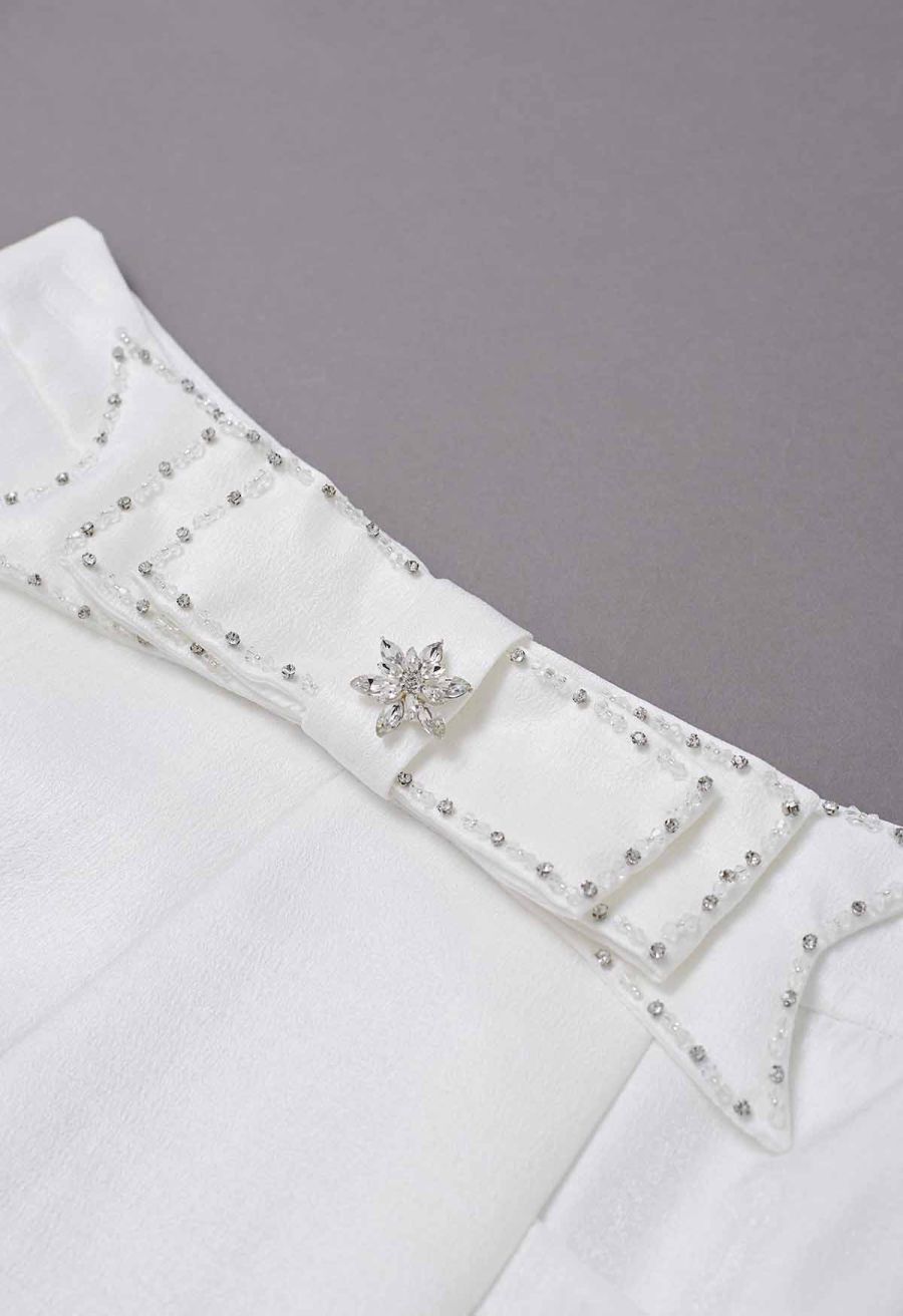 Delicate Rhinestone Bow Front Pocket Shorts in White