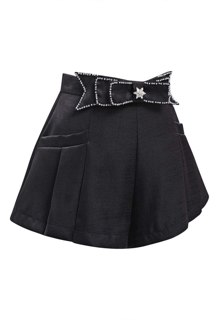 Delicate Rhinestone Bow Front Pocket Shorts in Black