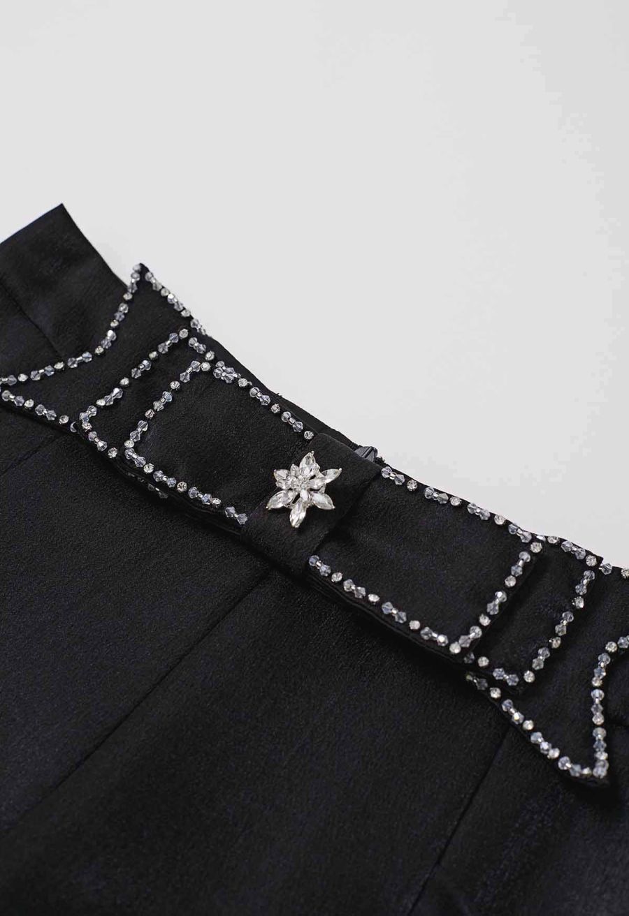 Delicate Rhinestone Bow Front Pocket Shorts in Black