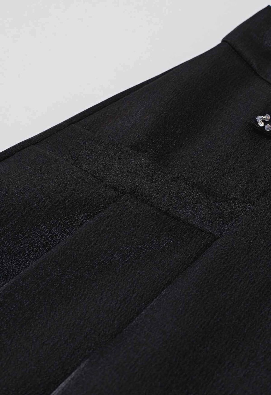 Delicate Rhinestone Bow Front Pocket Shorts in Black