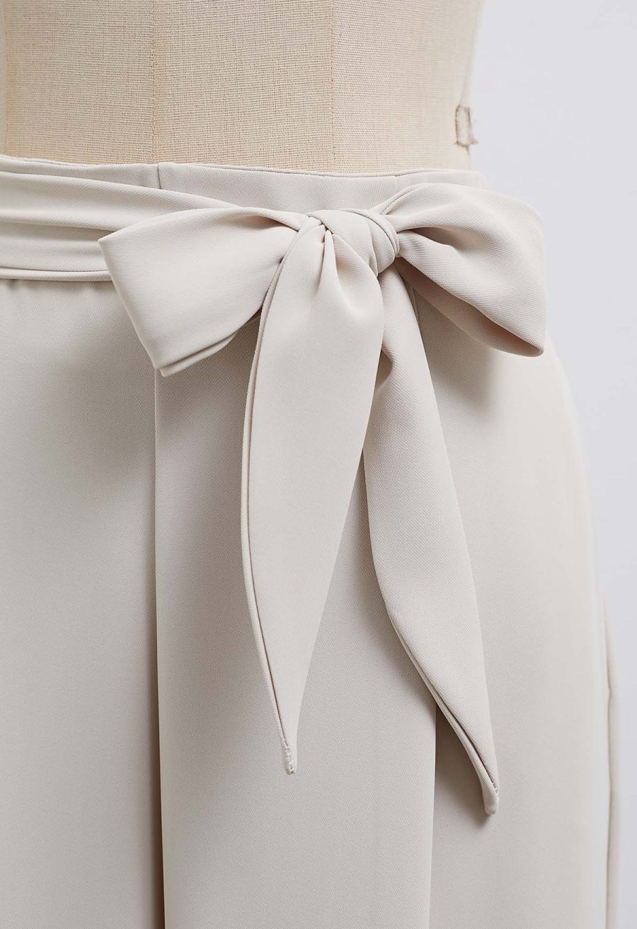 Bowknot Waist Pleated Front Pants in Oatmeal