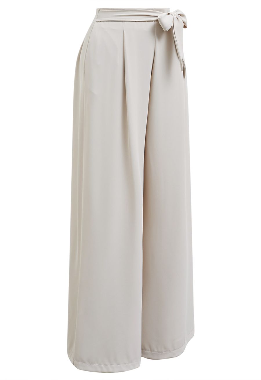Bowknot Waist Pleated Front Pants in Oatmeal