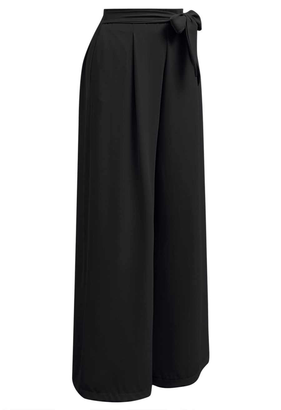 Bowknot Waist Pleated Front Pants in Black