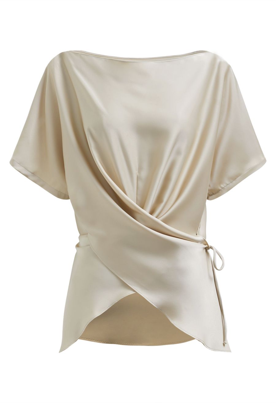 Short Sleeve Boat Neck Crisscross Waist Satin Top in Light Tan