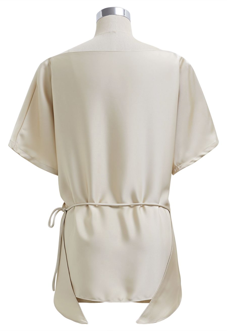 Short Sleeve Boat Neck Crisscross Waist Satin Top in Light Tan