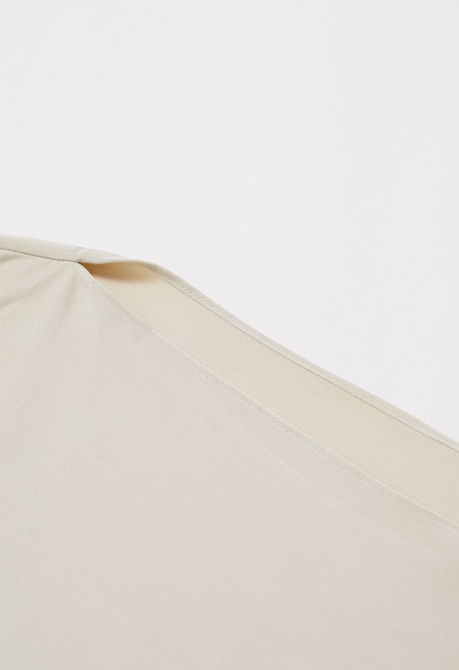 Short Sleeve Boat Neck Crisscross Waist Satin Top in Light Tan