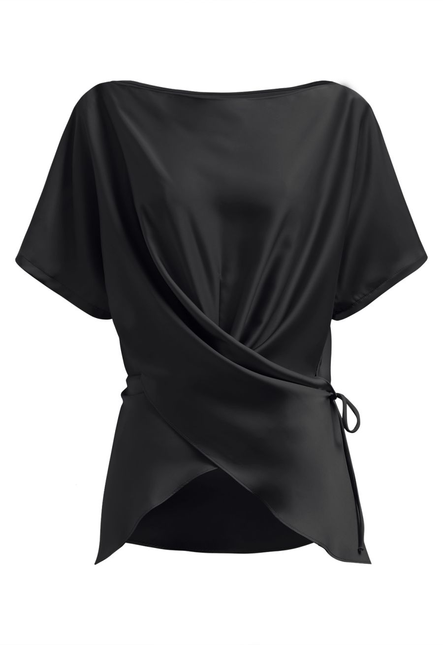 Short Sleeve Boat Neck Crisscross Waist Satin Top in Black