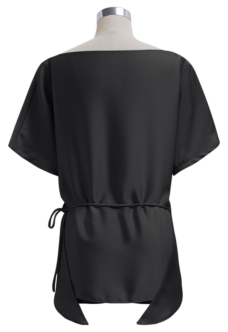 Short Sleeve Boat Neck Crisscross Waist Satin Top in Black