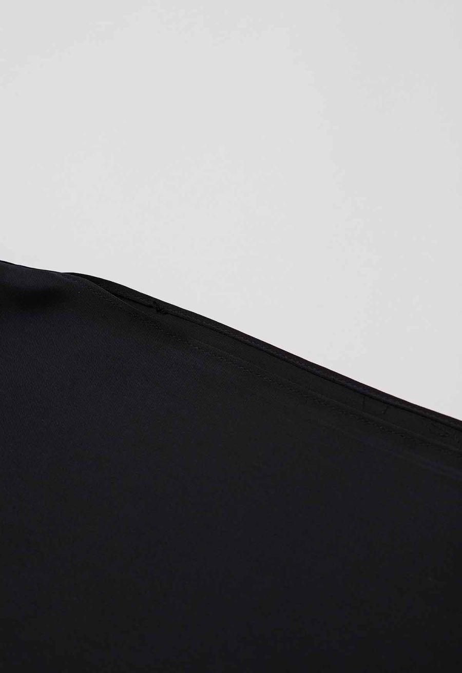 Short Sleeve Boat Neck Crisscross Waist Satin Top in Black