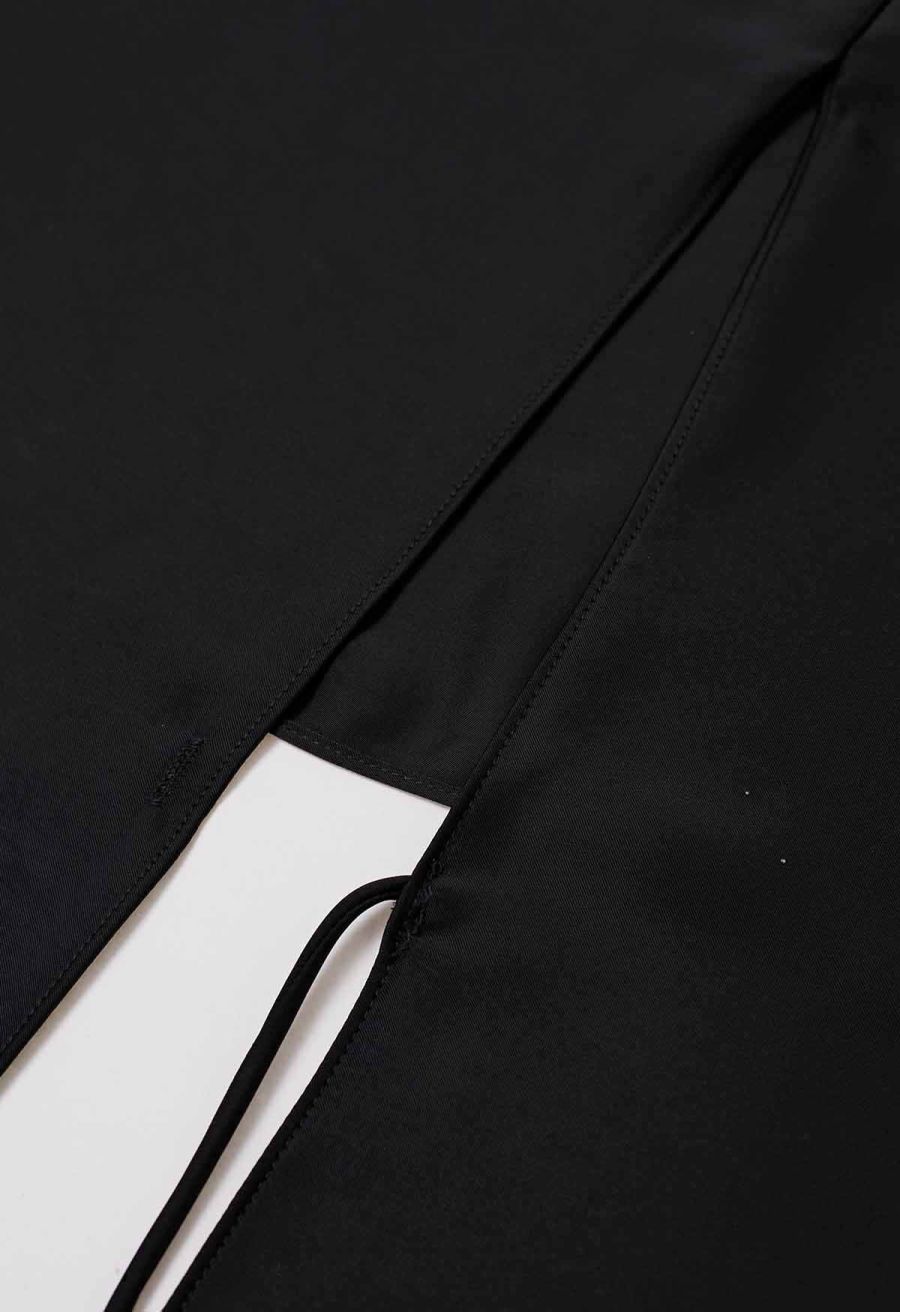Short Sleeve Boat Neck Crisscross Waist Satin Top in Black