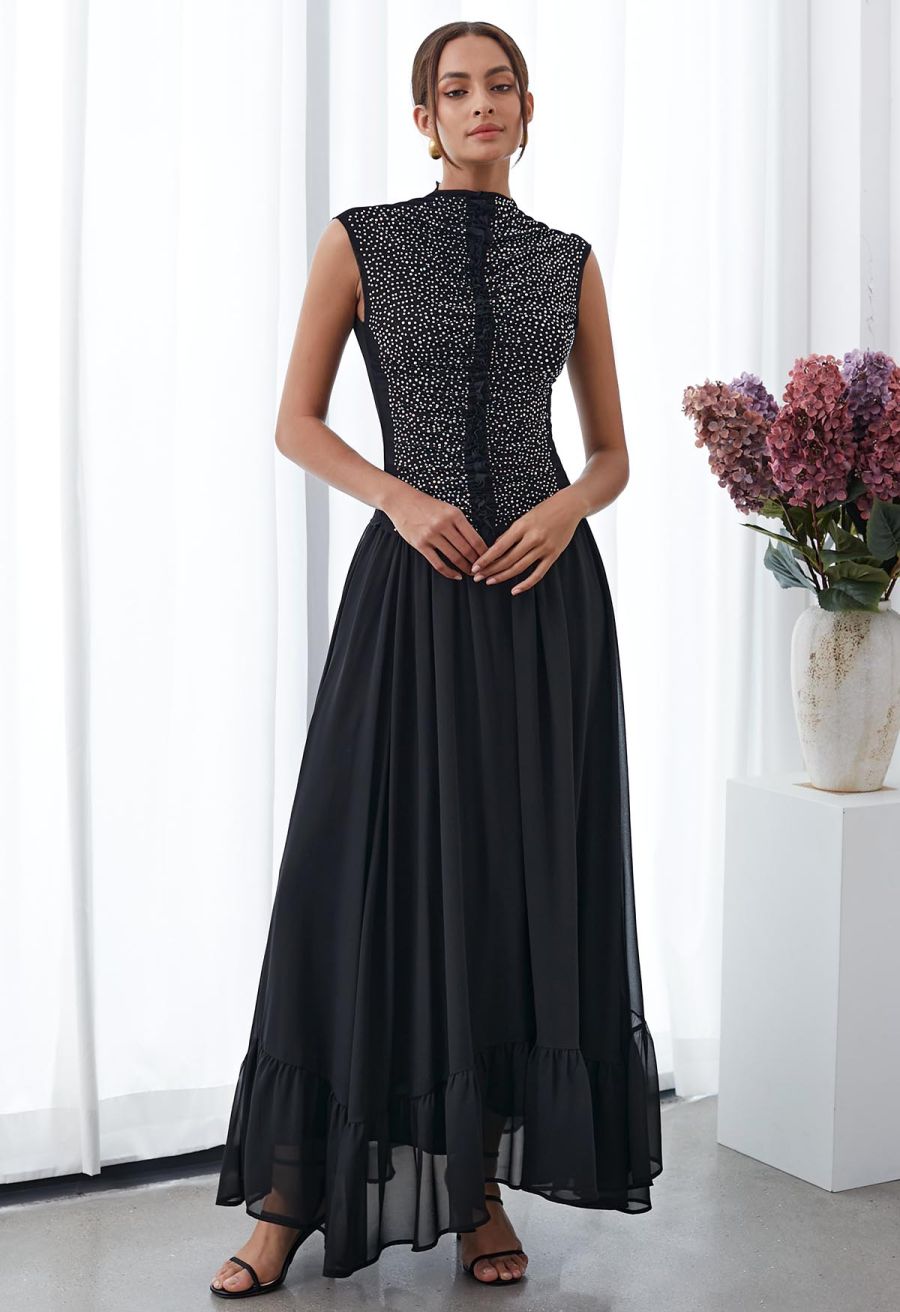 Rhinestone Decor Double-Layered Mesh Ruffle Sleeveless Top in Black