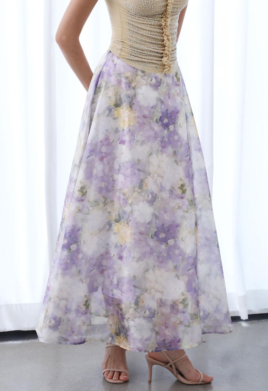 Blurry Floral Watercolor Half Waistband A-Line Maxi Skirt in Lilac