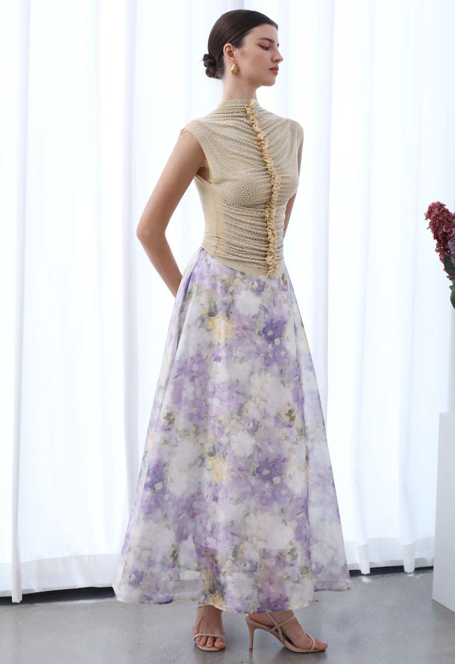 Rhinestone Decor Double-Layered Mesh Ruffle Sleeveless Top in Apricot