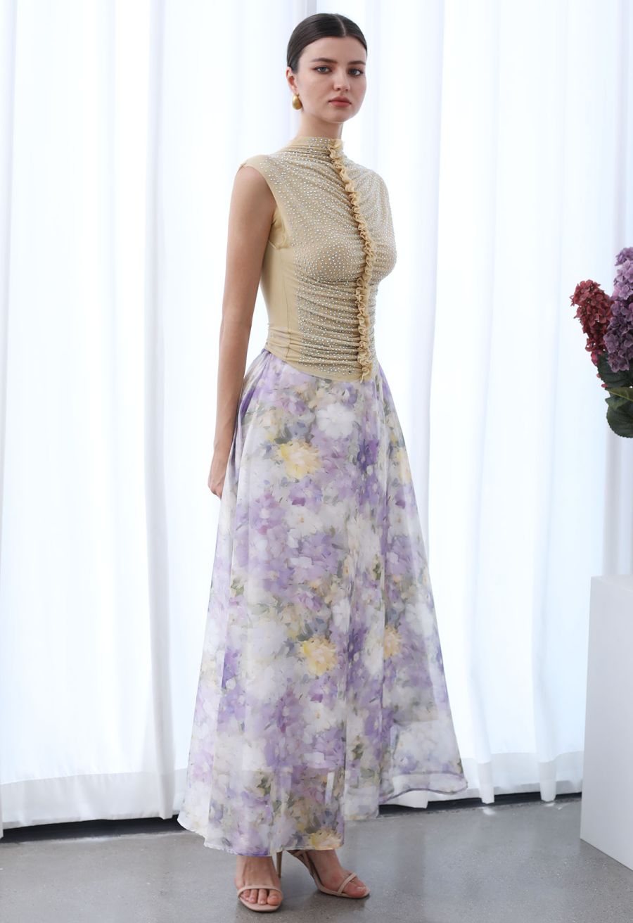 Rhinestone Decor Double-Layered Mesh Ruffle Sleeveless Top in Apricot