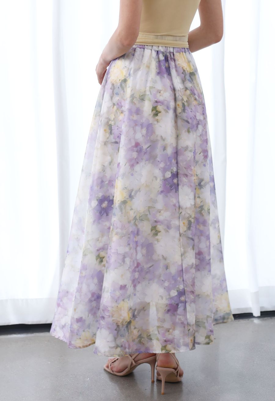 Blurry Floral Watercolor Half Waistband A-Line Maxi Skirt in Lilac