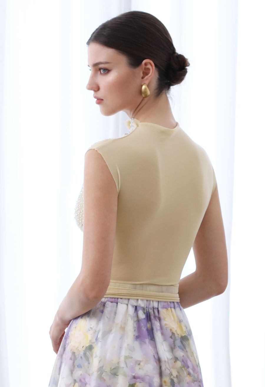 Rhinestone Decor Double-Layered Mesh Ruffle Sleeveless Top in Apricot