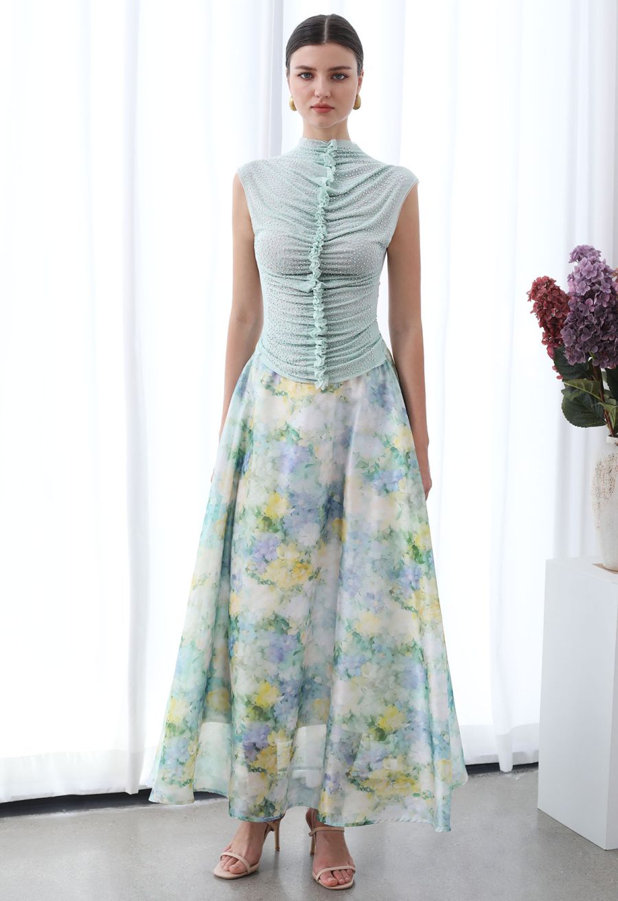Rhinestone Decor Double-Layered Mesh Ruffle Sleeveless Top in Mint