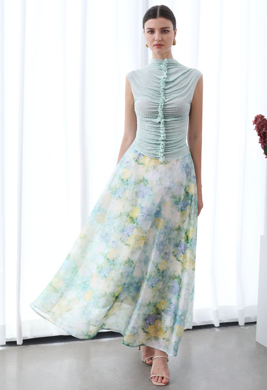 Rhinestone Decor Double-Layered Mesh Ruffle Sleeveless Top in Mint
