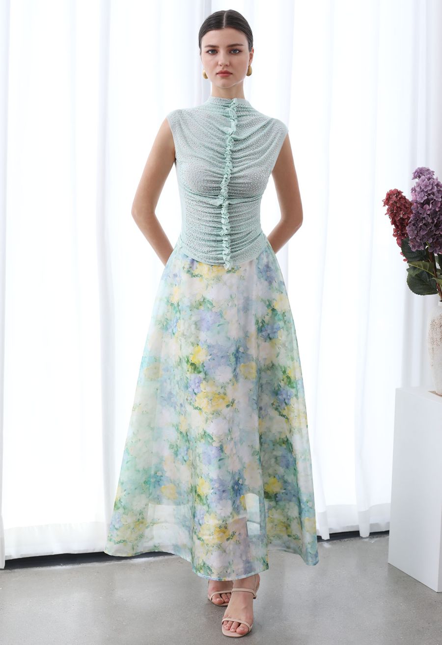 Rhinestone Decor Double-Layered Mesh Ruffle Sleeveless Top in Mint