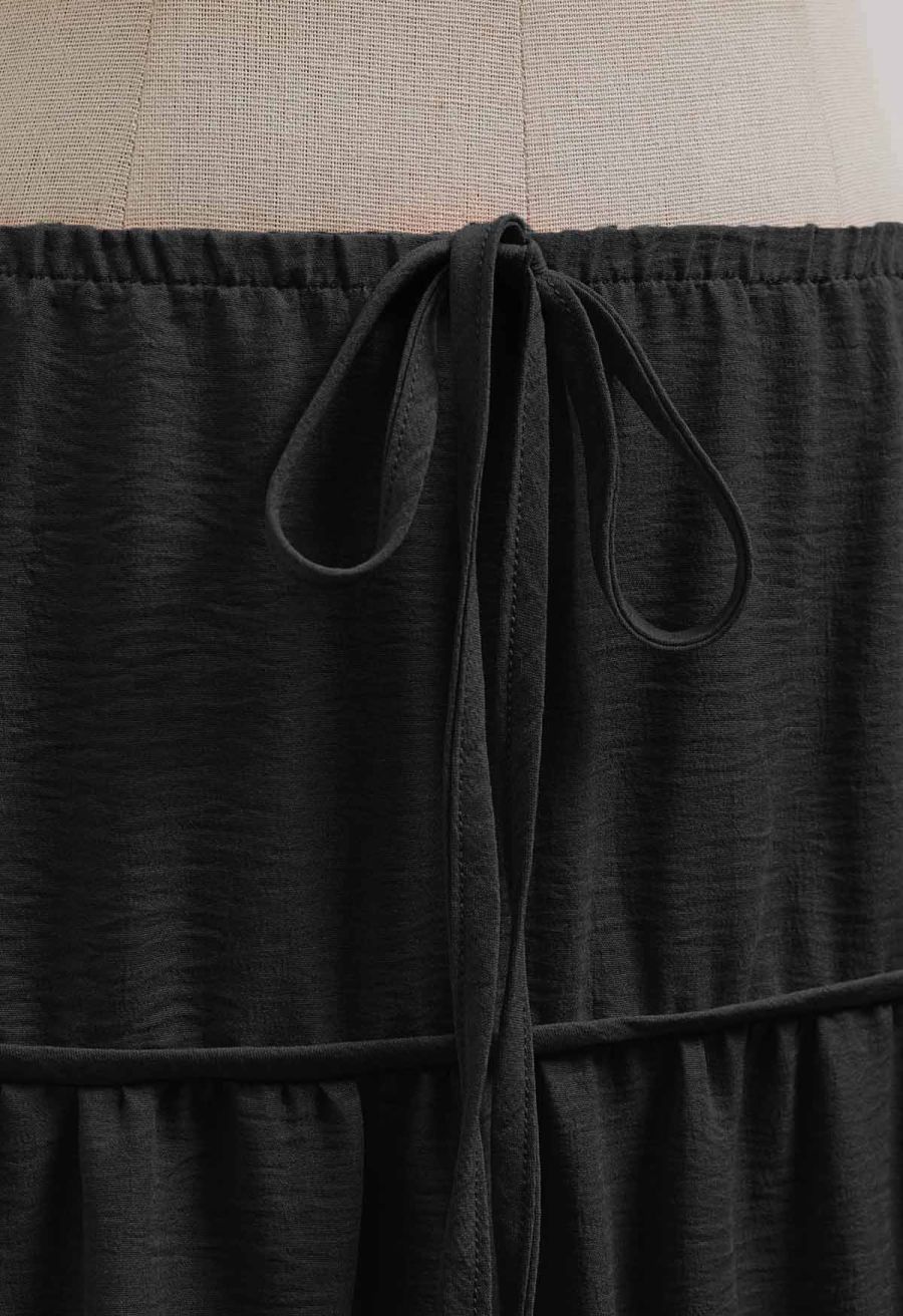Relaxed Fit Tie-Waist Tiered Maxi Skirt in Black