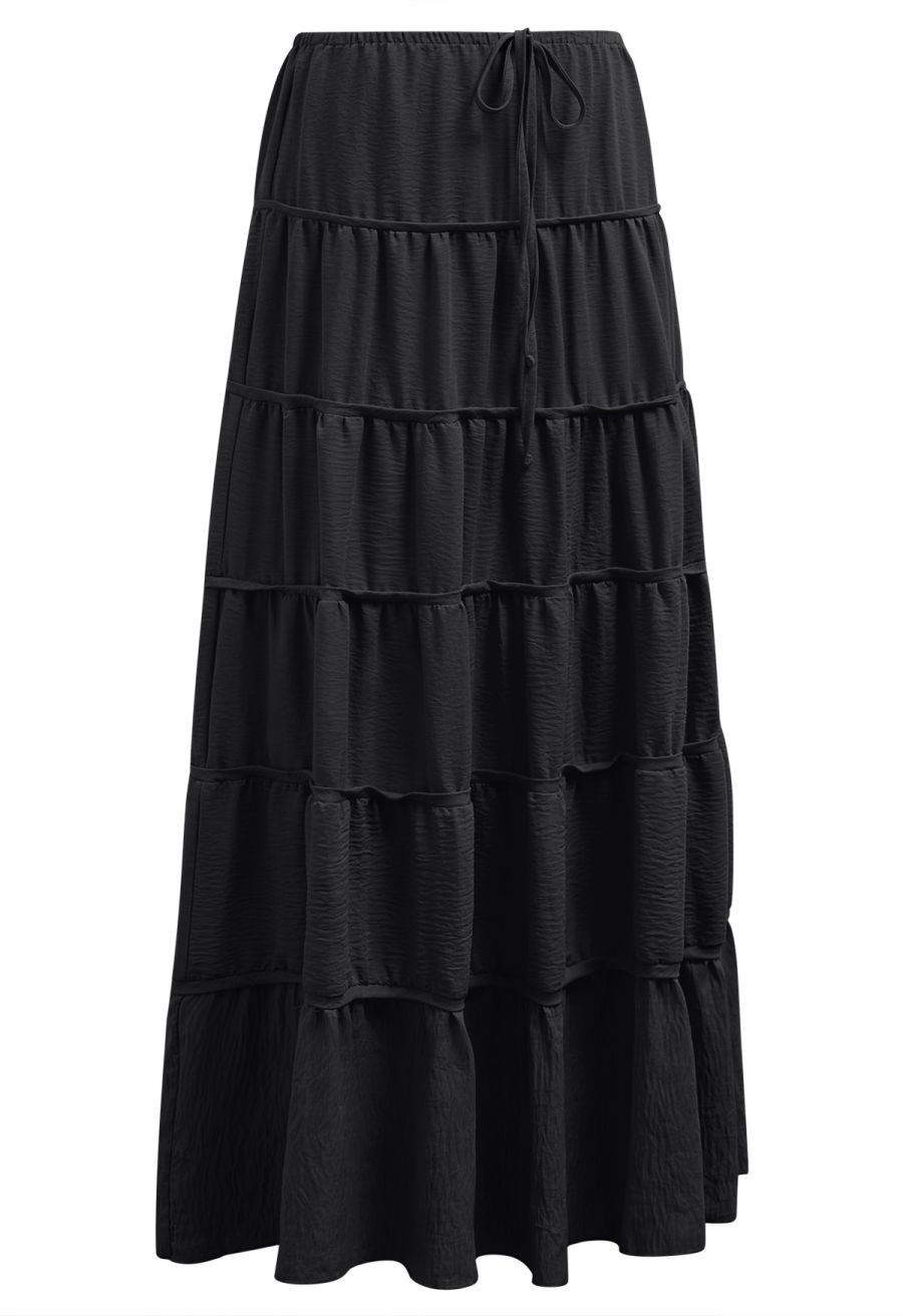 Relaxed Fit Tie-Waist Tiered Maxi Skirt in Black