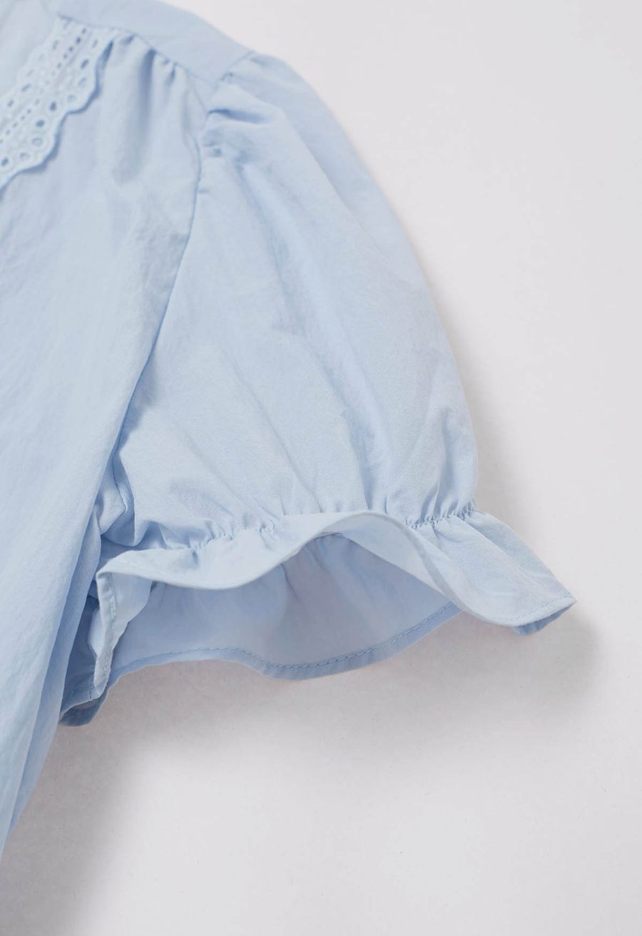 Eyelet Lace Wrap Front Crop Top in Baby Blue