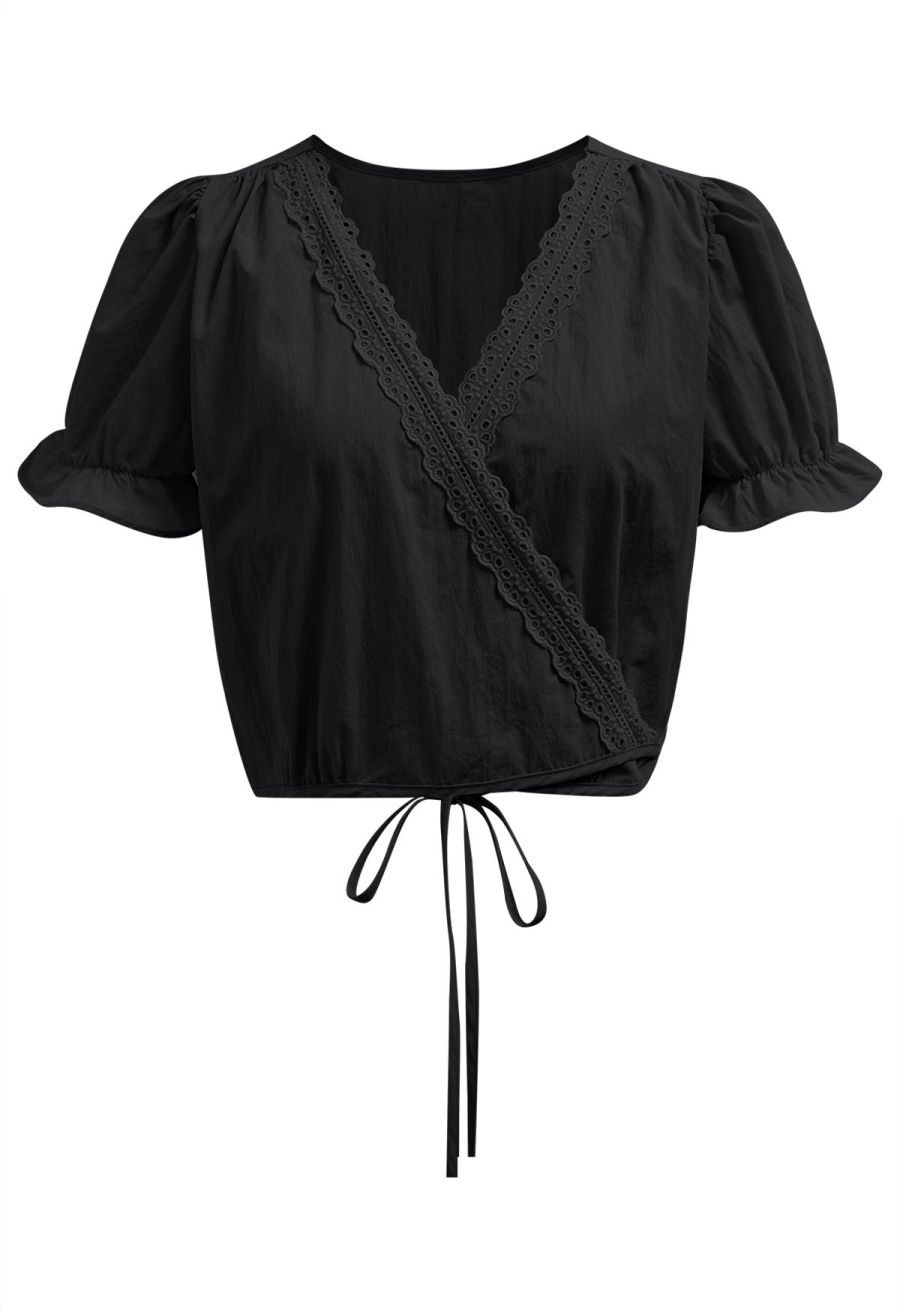 Eyelet Lace Wrap Front Crop Top in Black