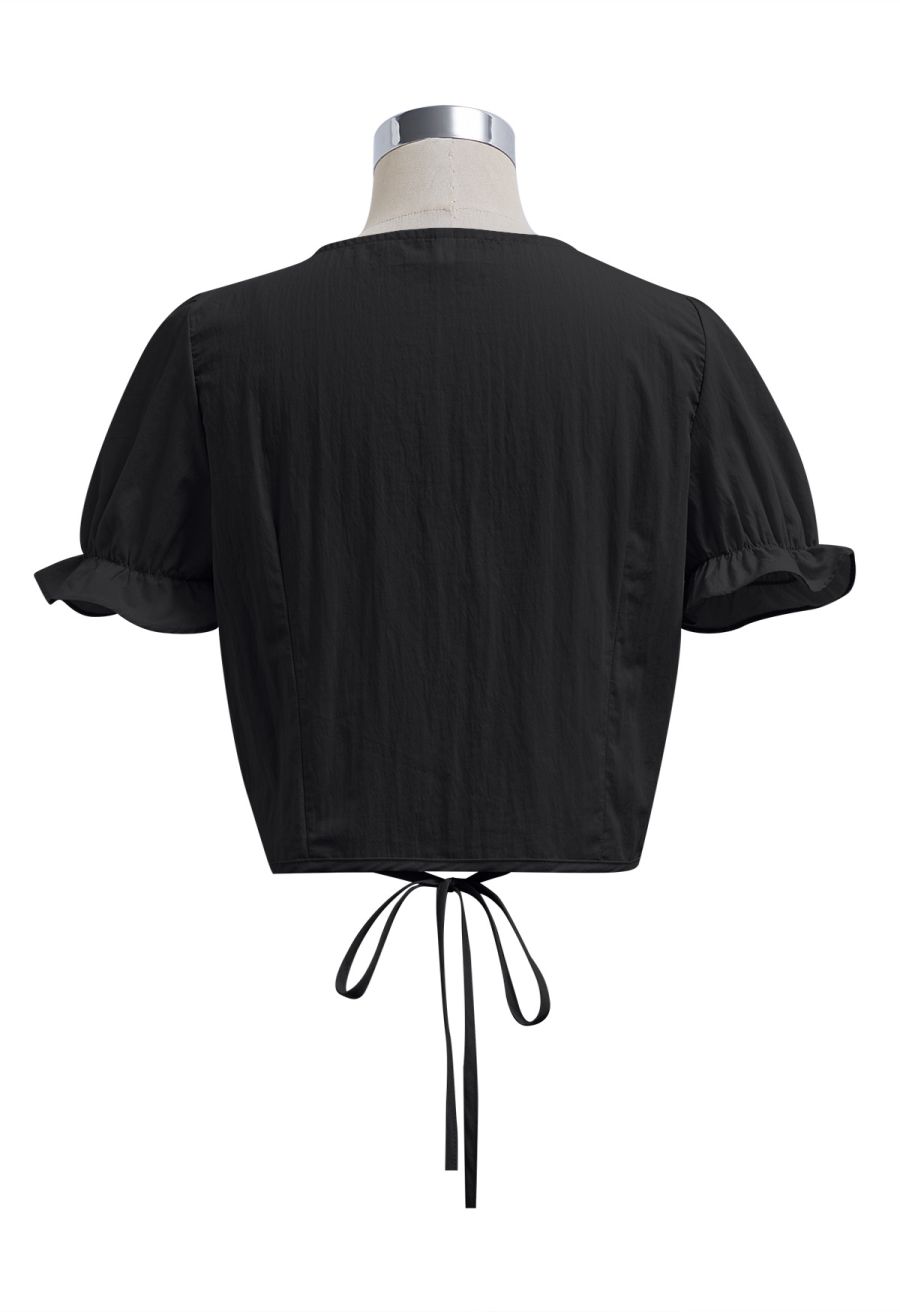 Eyelet Lace Wrap Front Crop Top in Black
