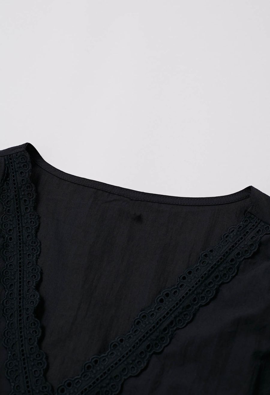 Eyelet Lace Wrap Front Crop Top in Black