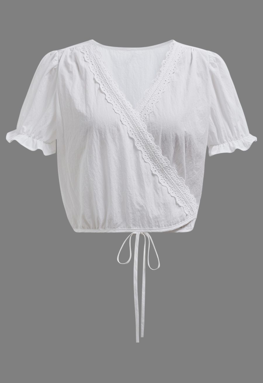 Eyelet Lace Wrap Front Crop Top in White