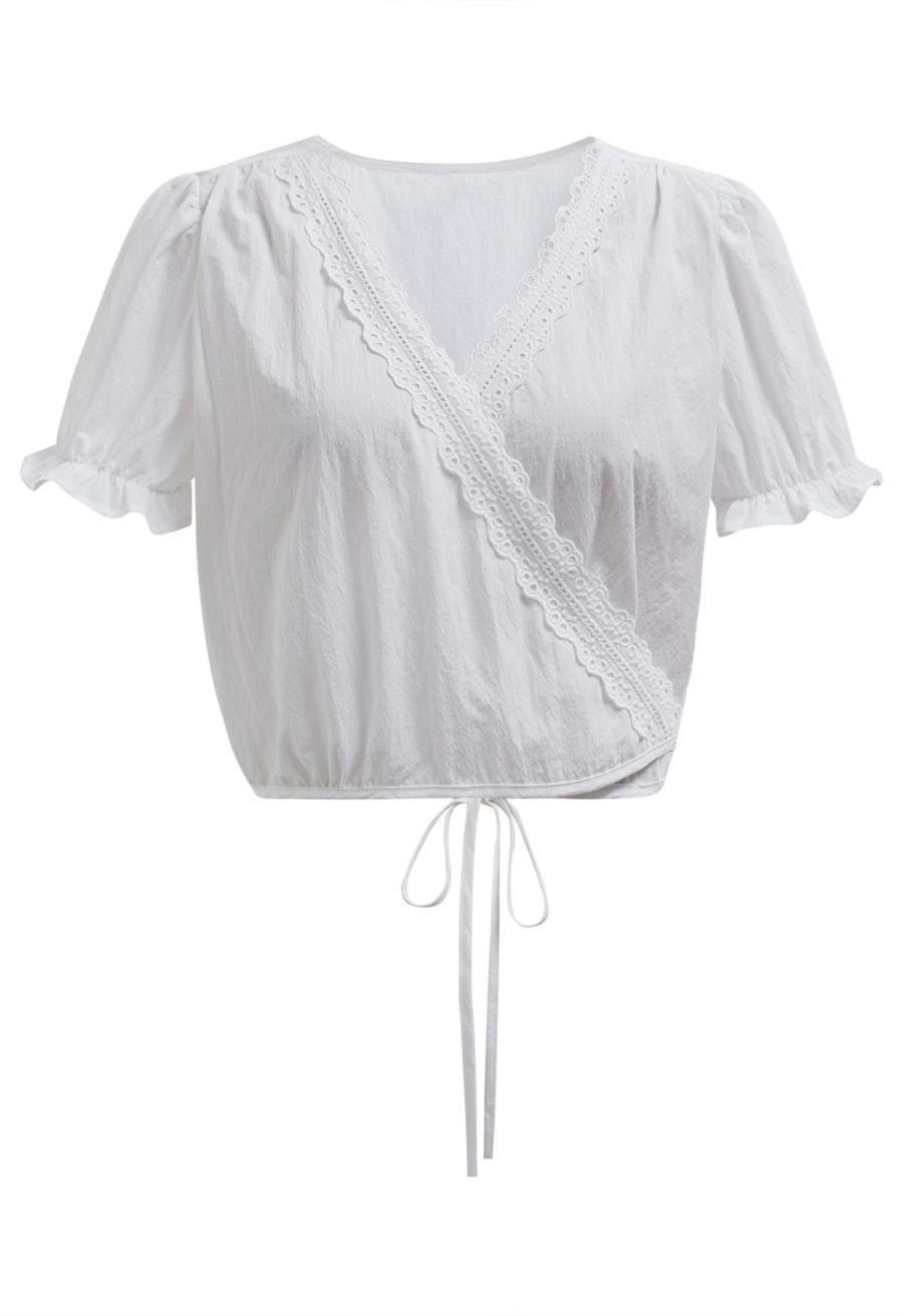 Eyelet Lace Wrap Front Crop Top in White