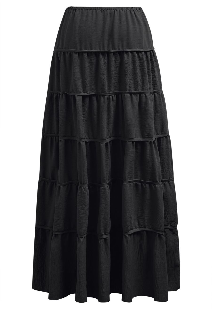 Relaxed Fit Tie-Waist Tiered Maxi Skirt in Black