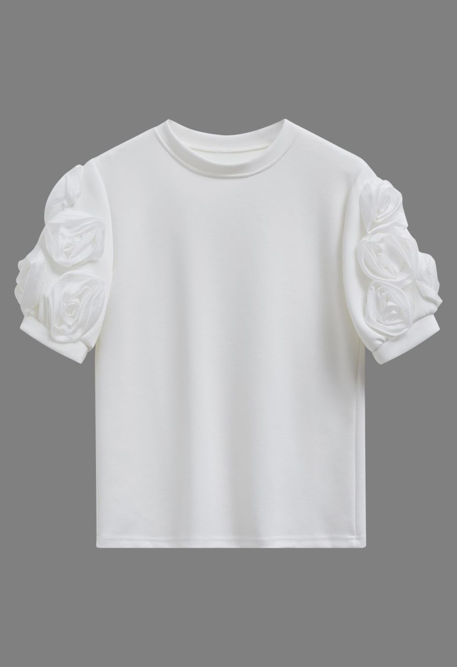 3D Organza Rose Short Sleeve Top in White