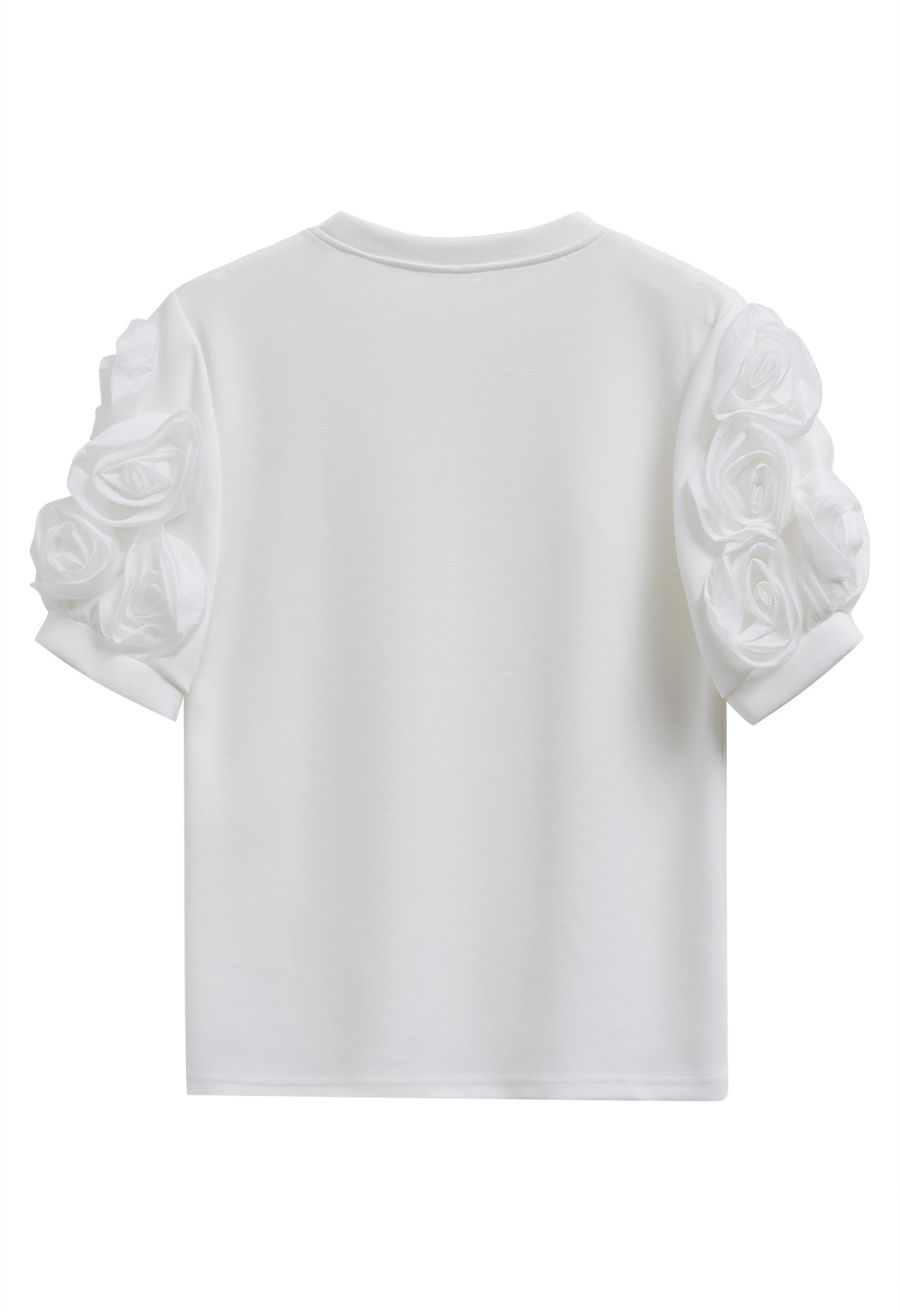 3D Organza Rose Short Sleeve Top in White