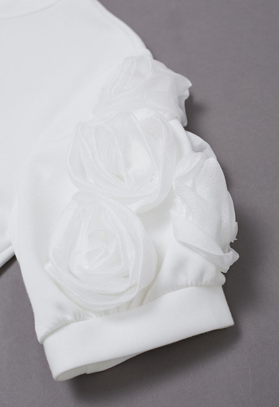 3D Organza Rose Short Sleeve Top in White