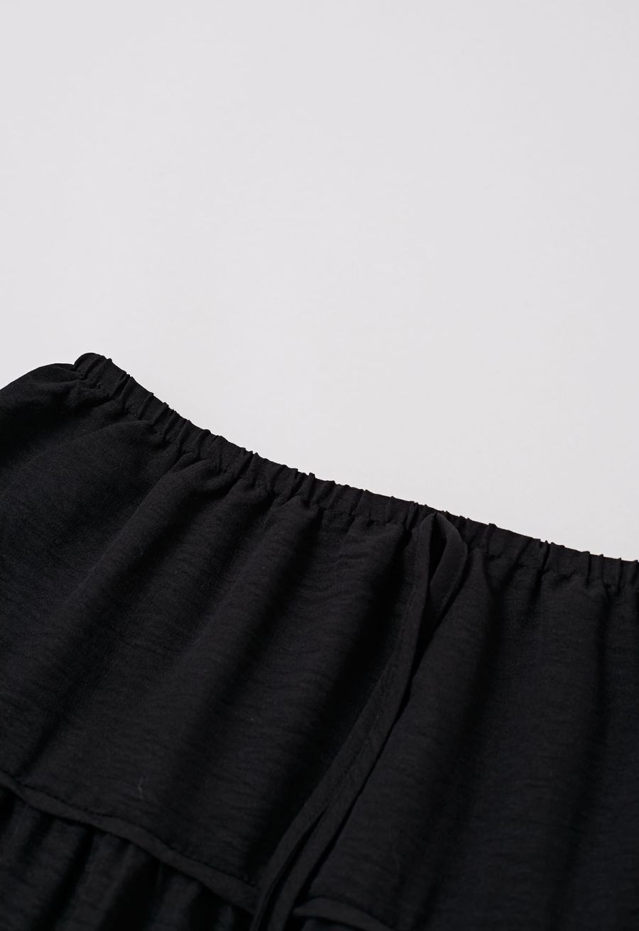 Relaxed Fit Tie-Waist Tiered Maxi Skirt in Black
