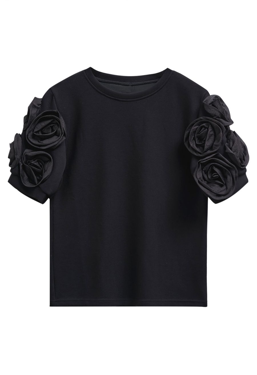 3D Organza Rose Short Sleeve Top in Black