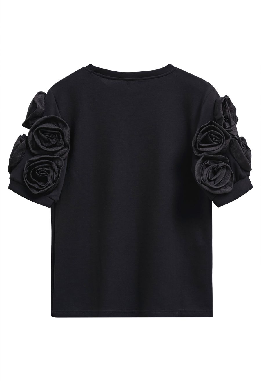 3D Organza Rose Short Sleeve Top in Black
