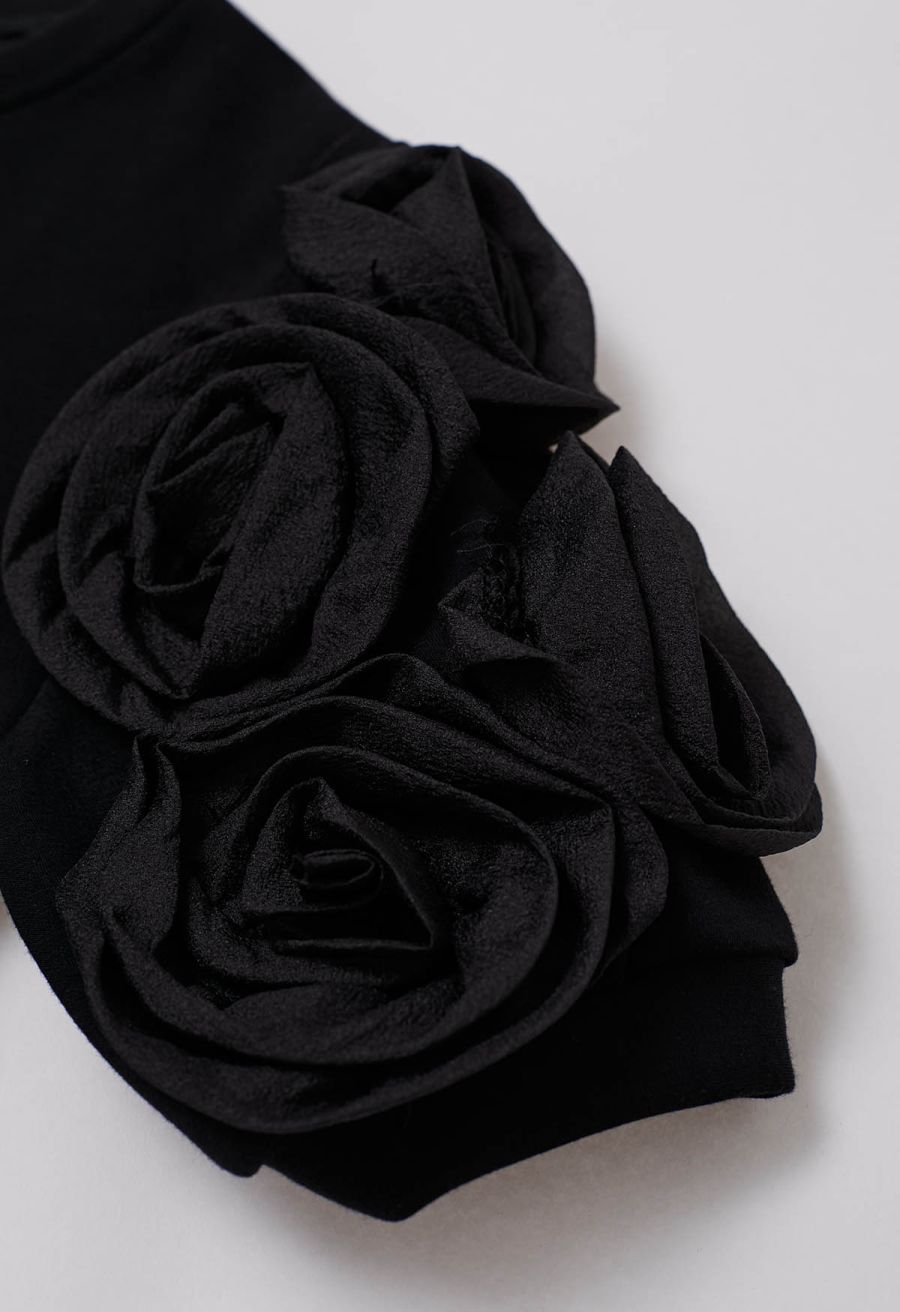 3D Organza Rose Short Sleeve Top in Black