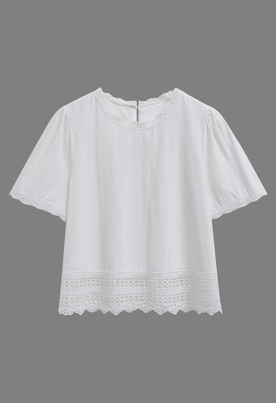 Whisper Lace-Edge Puff Sleeve Top in White
