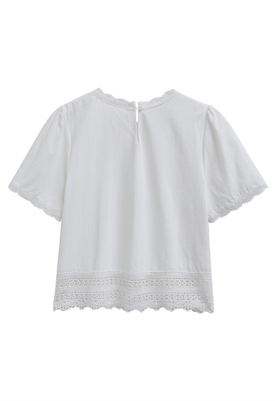 Whisper Lace-Edge Puff Sleeve Top in White