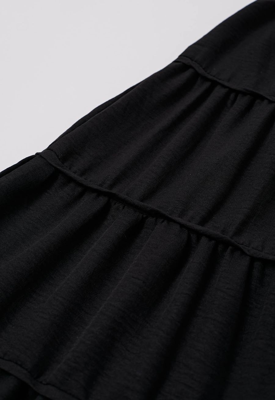Relaxed Fit Tie-Waist Tiered Maxi Skirt in Black