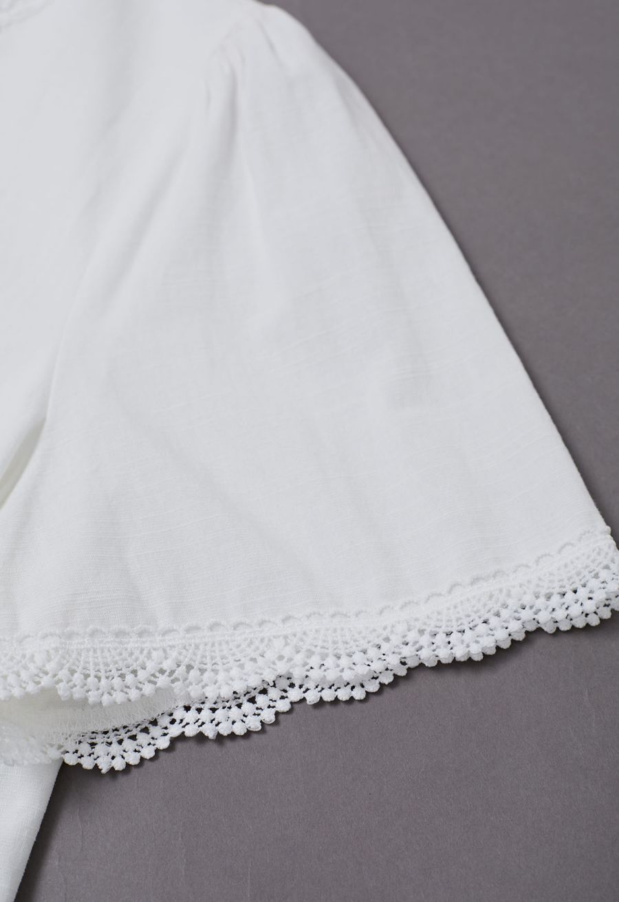 Whisper Lace-Edge Puff Sleeve Top in White