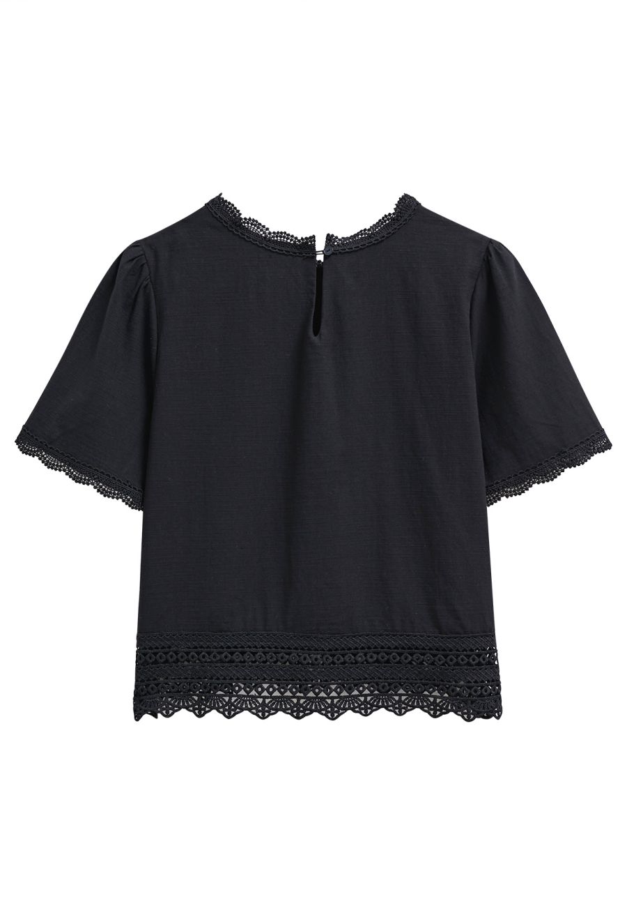 Whisper Lace-Edge Puff Sleeve Top in Black
